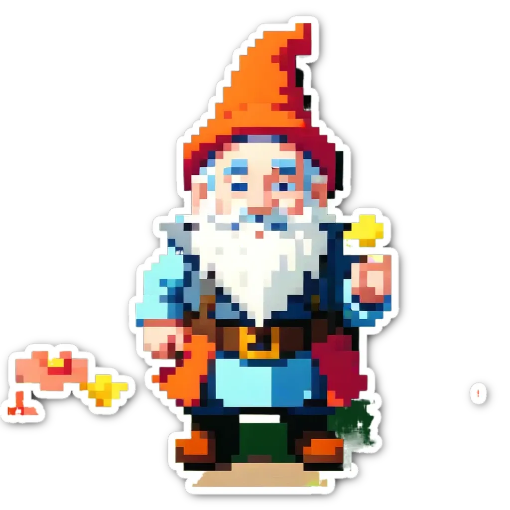 A sticker of a gnome holding a gold coin.