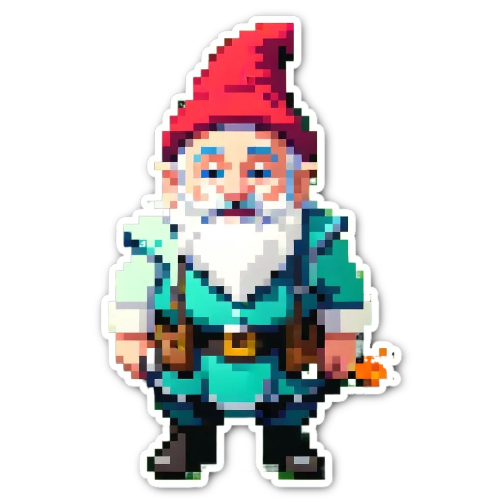 A graphic of a gnome with a red hat and a black beard.