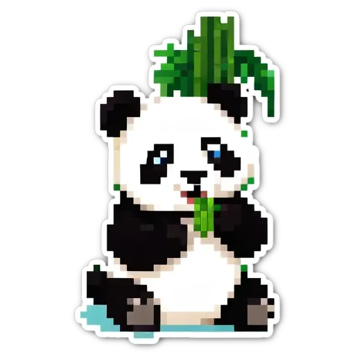 A panda bear eating bamboo is shown in a pixelated sticker.