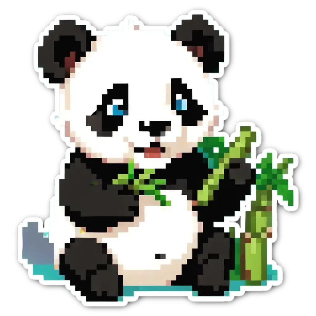 A panda bear holding a bamboo in its mouth.