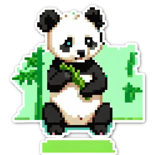 A panda bear holding a bamboo in his right hand.