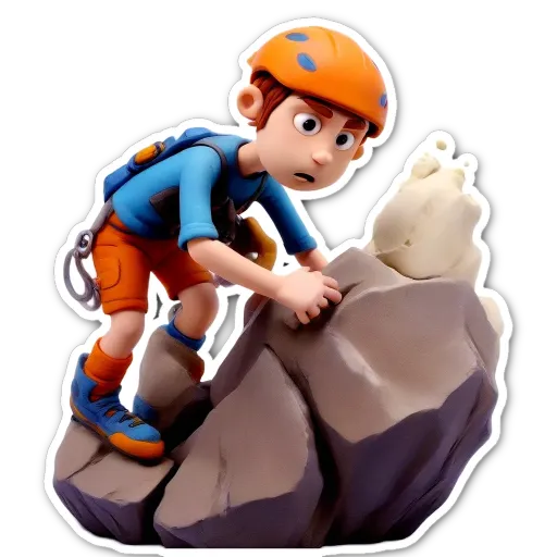 A boy is climbing down a rocky mountain.