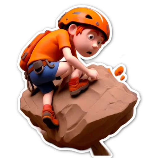 A young boy in an orange shirt is climbing a large rock.