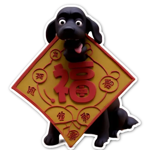 A sticker of a dog with the number 50 and red and yellow letters.