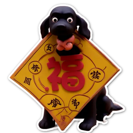 A sticker of a dog carrying a yellow sign with Chinese characters and the number 50.