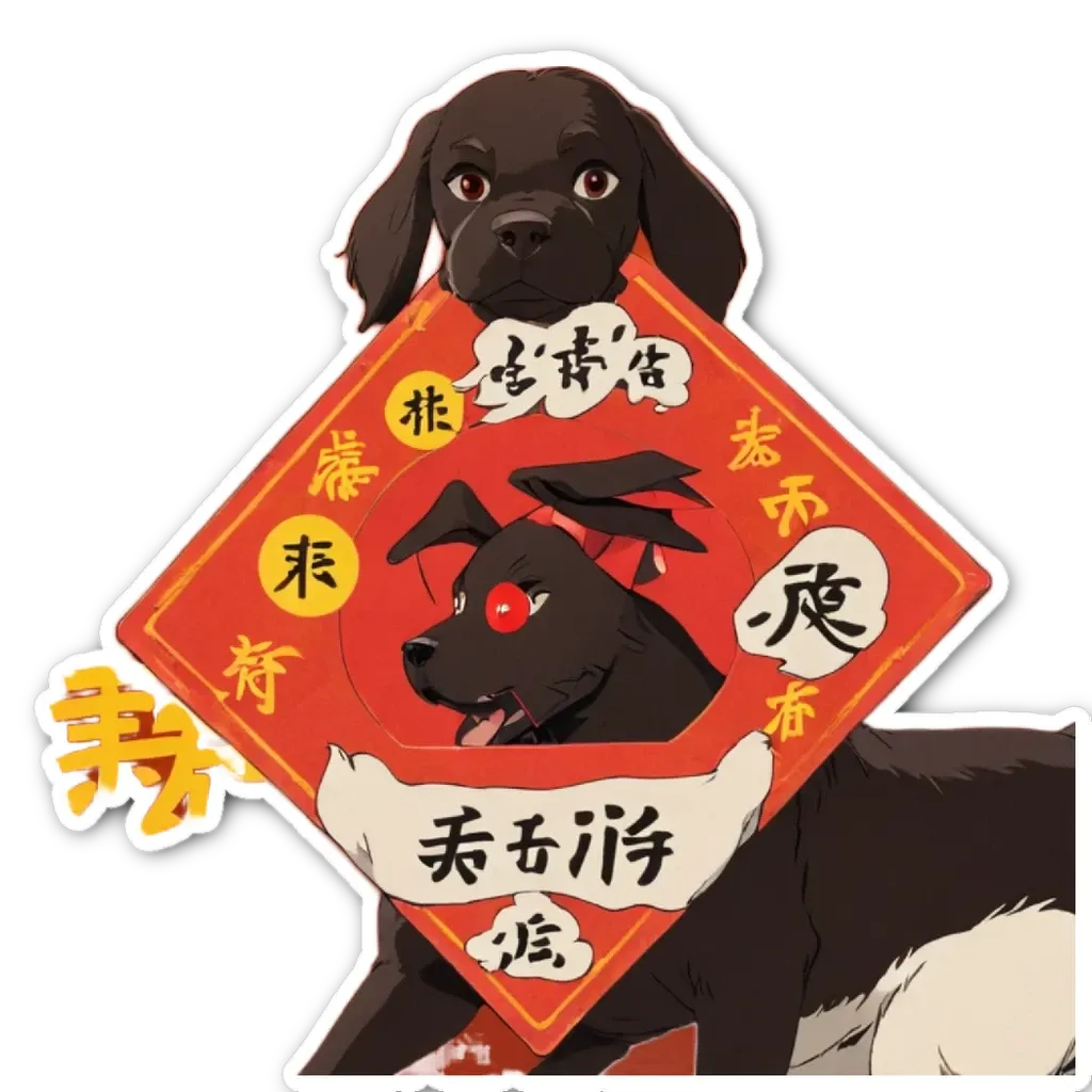 A dog and dog sticker with chinese writing.