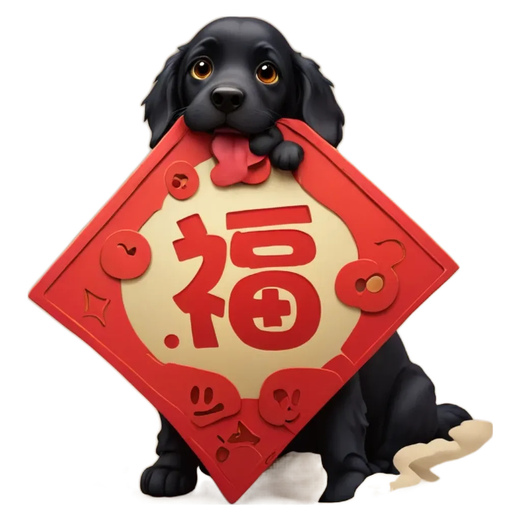 A dog holding a red sign with Chinese characters on it.