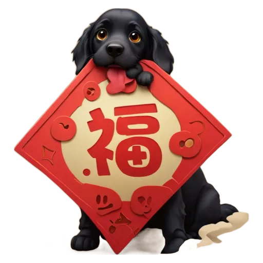 A dog holding a red sign with Chinese characters on it.