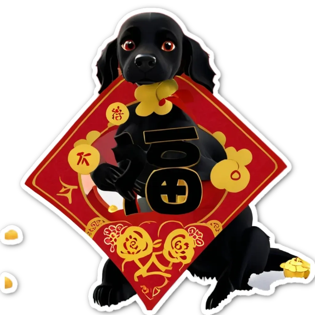 A dog holding a red envelope with the number 60 on it.