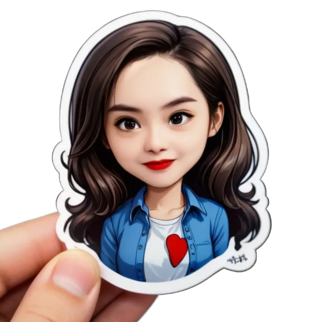 A hand holding a sticker that has a girl on it with a heart.