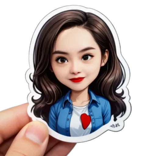 A hand holding a sticker that has a girl on it with a heart.