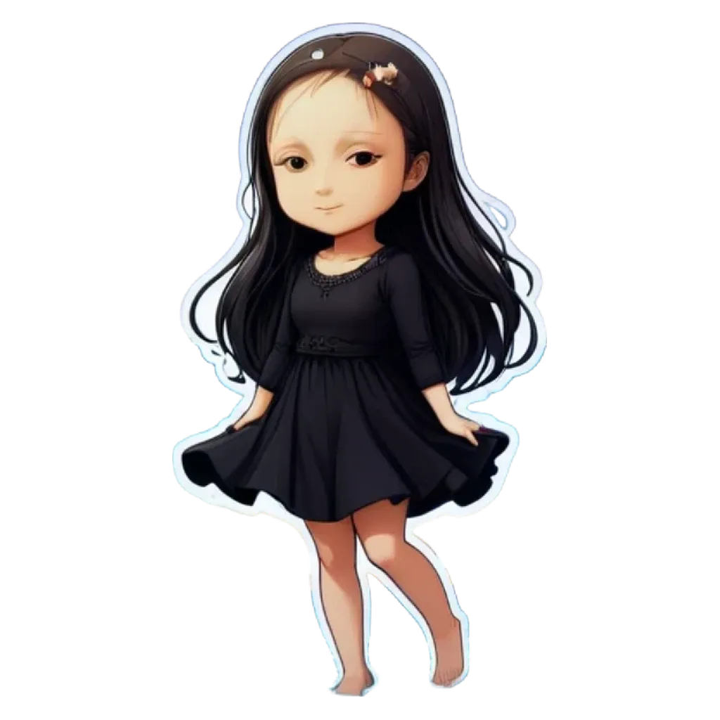 A girl with long hair and a black dress.