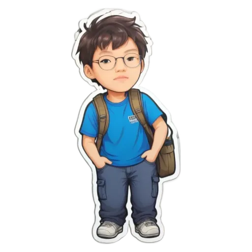 A boy wearing glasses and a blue shirt.