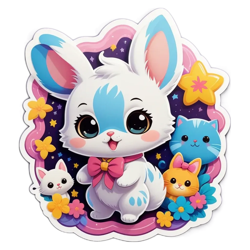 A rabbit with blue eyes and a pink bow is with cats and flowers.
