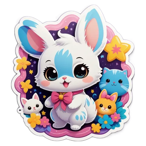 A rabbit with blue eyes and a pink bow is with cats and flowers.
