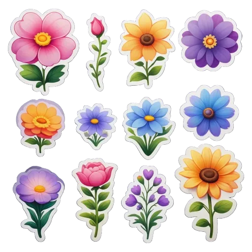 A collection of flower stickers of various shapes and colors.