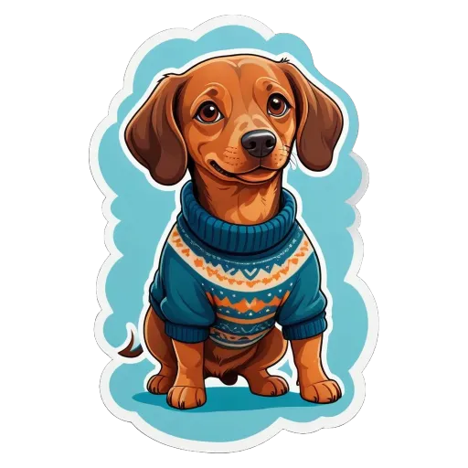 A cartoon dog wearing a sweater is sitting on the floor.