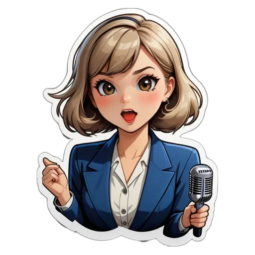 A cartoon woman with a microphone is pointing.
