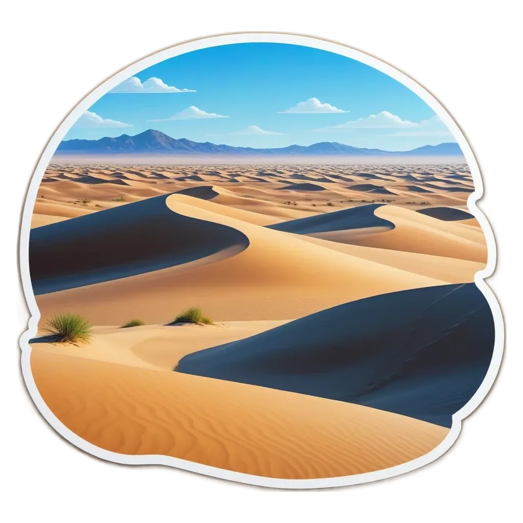 A desert landscape with sand dunes and a sky background.