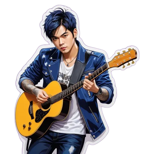 A boy playing the guitar wearing a blue jacket.