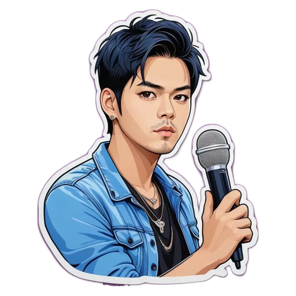 A boy with a microphone is wearing a blue jacket.