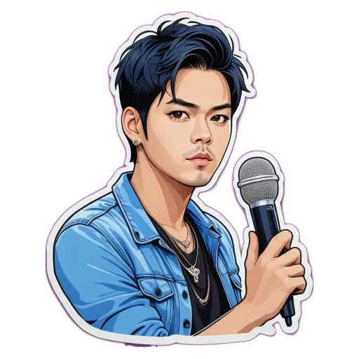 A boy with a microphone is wearing a blue jacket.