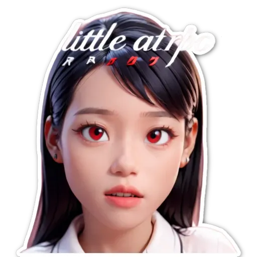 A sticker of a girl with red eyes that says "Little Atrop".