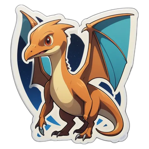 A sticker of a dragonfly with an orange body and blue wings with the words "Pokemon" written on it.