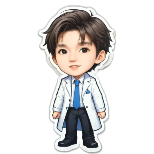 A boy is wearing a lab coat and tie.