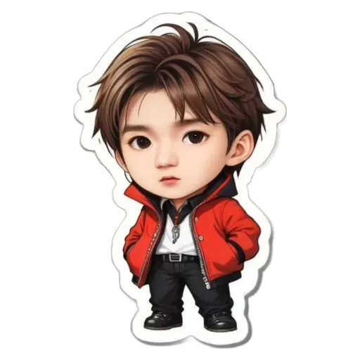 A boy wearing a red jacket is standing with his hands in his pockets.