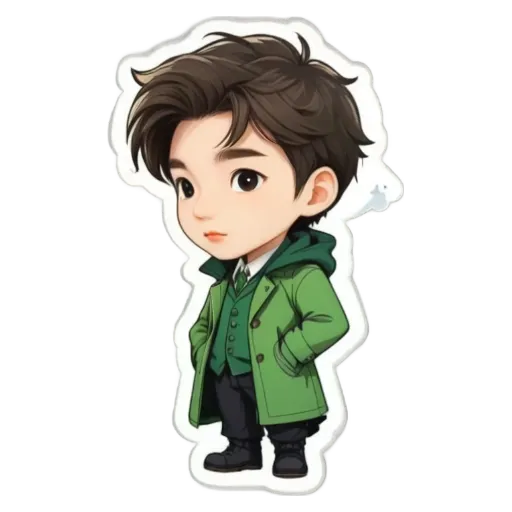 A boy is wearing a green coat and standing with his hands in his pockets.