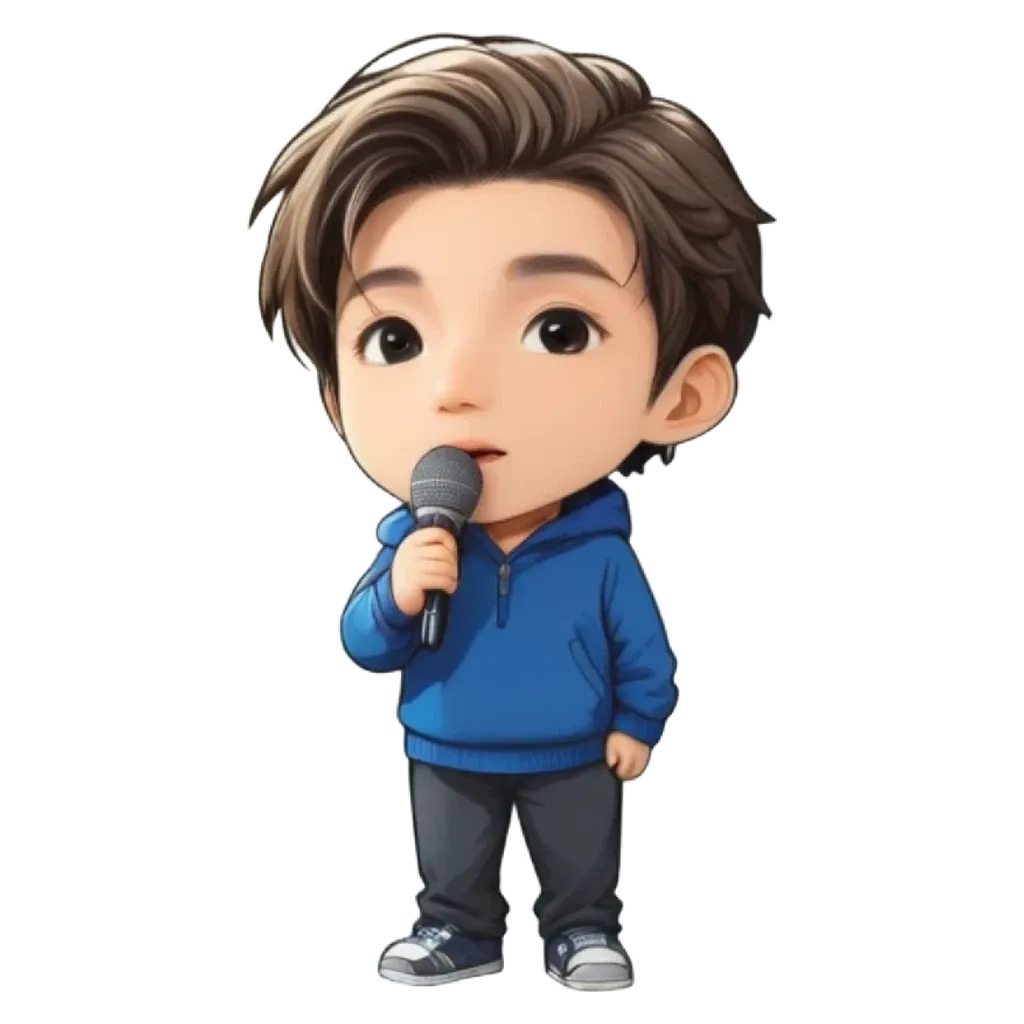 A boy is holding a microphone in his blue jacket.