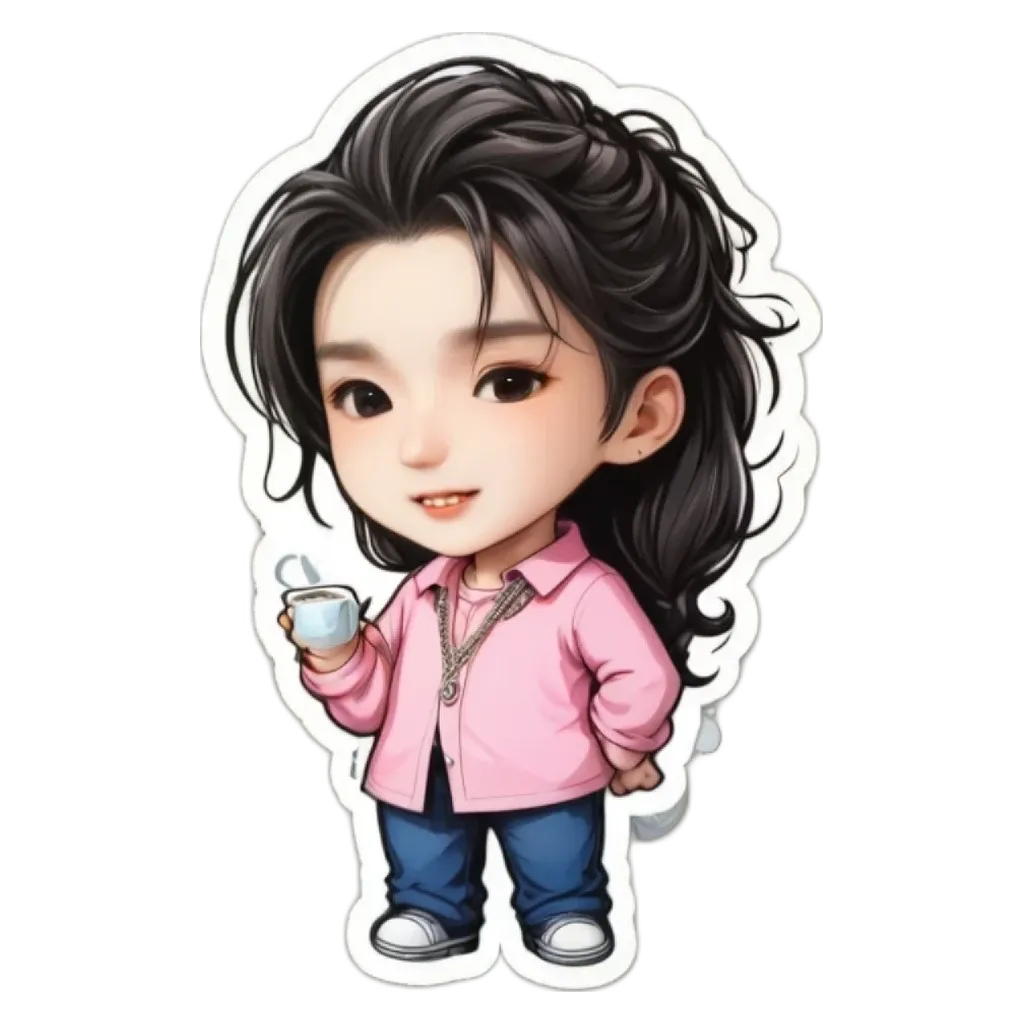 A cartoon girl holding a cup of coffee.