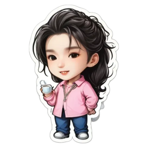 A cartoon girl holding a cup of coffee.