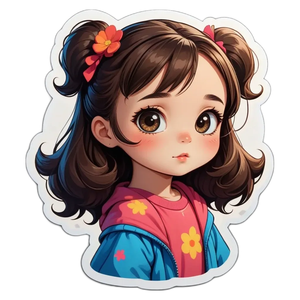 A girl with a flower in her hair is looking down.