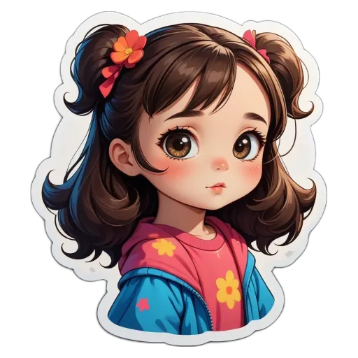 A girl with a flower in her hair is looking down.
