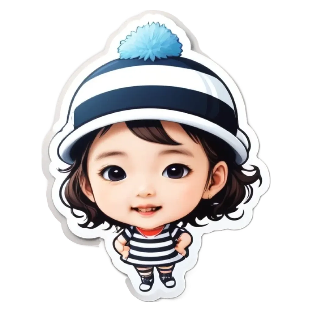 A girl is wearing a hat with black and white stripes.