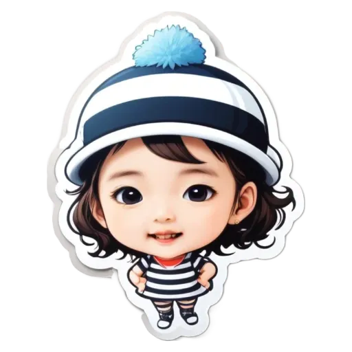 A girl is wearing a hat with black and white stripes.