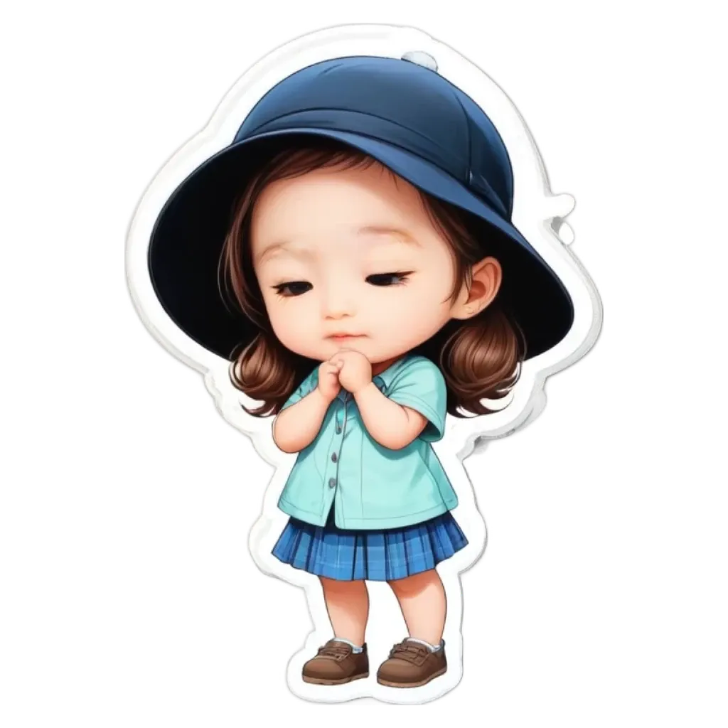 A girl wearing a hat and standing with her hands together.