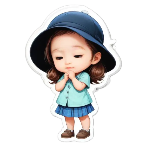 A girl wearing a hat and standing with her hands together.