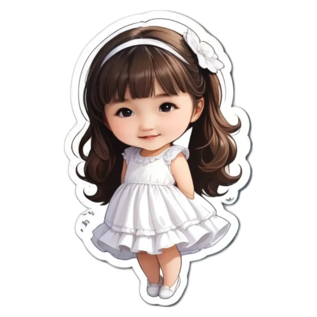 A girl wearing a white dress with a bow in her hair.
