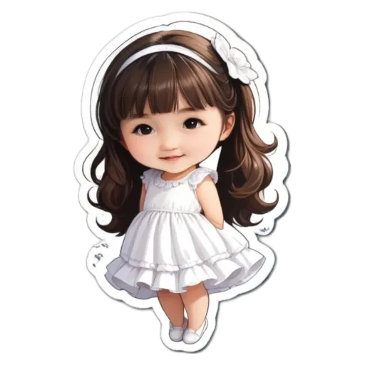A girl wearing a white dress with a bow in her hair.