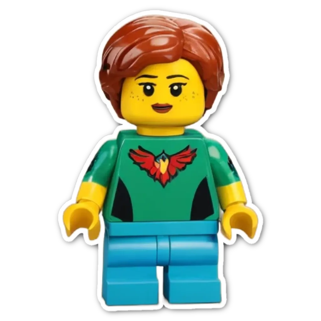 A child Lego figure with a red shirt and blue jeans.