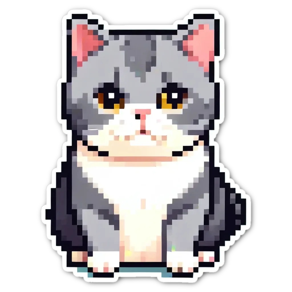 A cat sticker in grey and white that is pixelated.