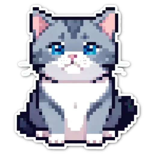 A cat sticker in grey and white with blue eyes.