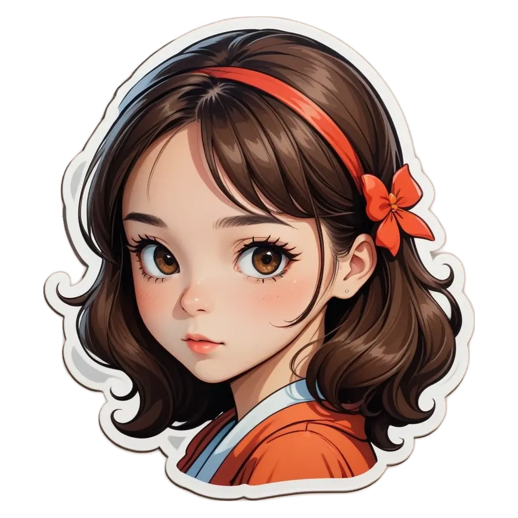 A sticker of a girl's face that is coloured brown and orange.