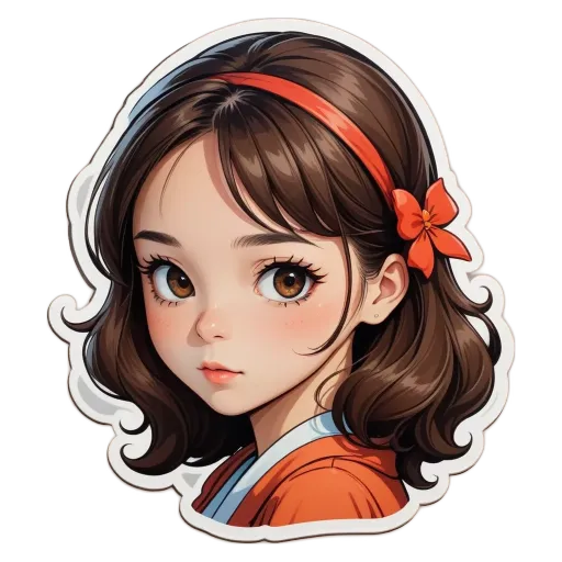 A sticker of a girl's face that is coloured brown and orange.
