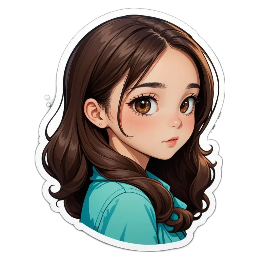 A sticker of a girl with long brown hair.