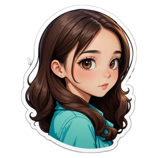 A sticker of a girl with long brown hair.