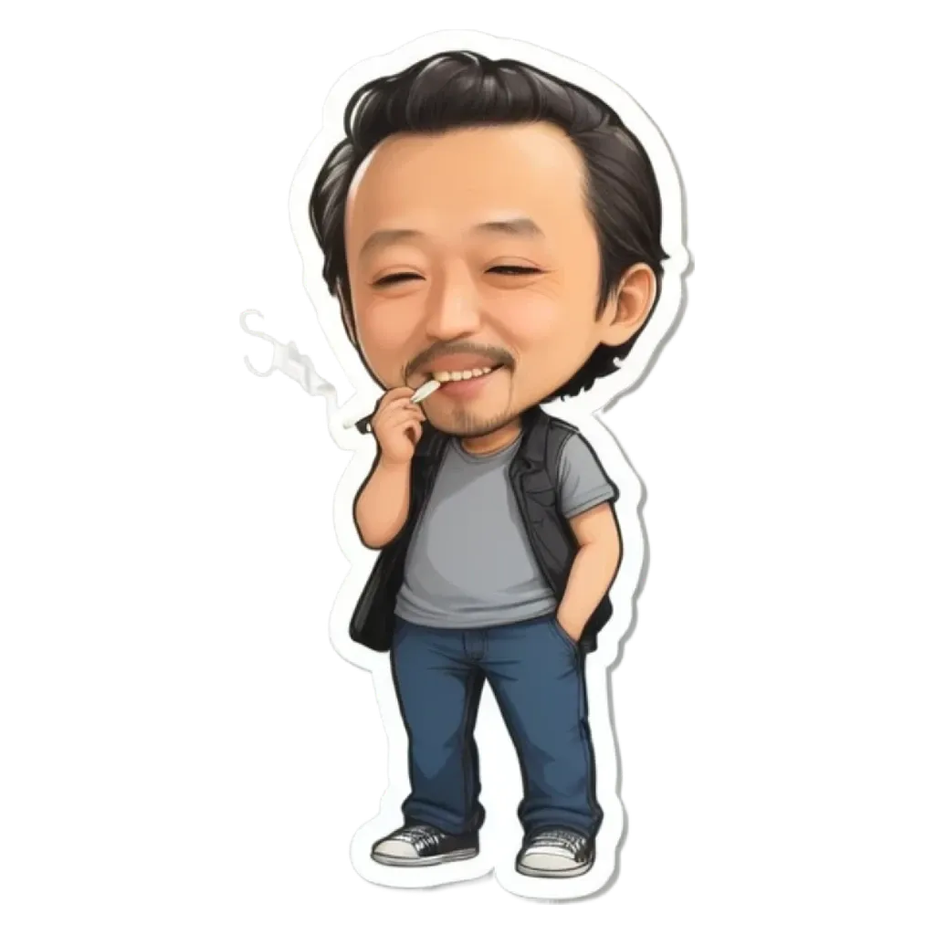 A man is smoking a cigarette and has a sticker of him on his pants.
